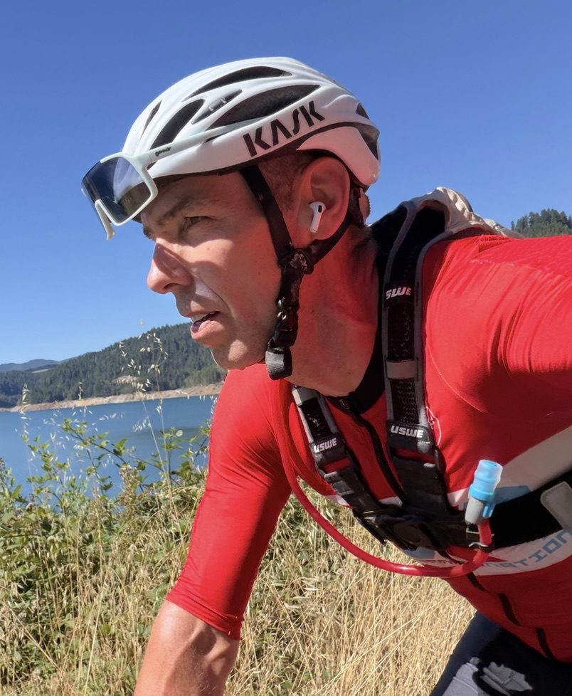 Patrick McCrann on a gravel ride above a reservoir